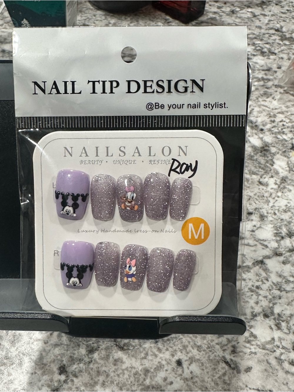 Purple Glitter Press-On Nail Set with Cartoon Accents